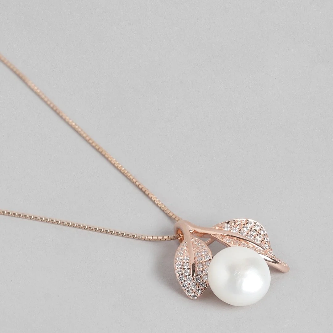 Radiant Pearl Elegance Rose Gold-Plated CZ 925 Sterling Silver Pendant with Chain - Image 3