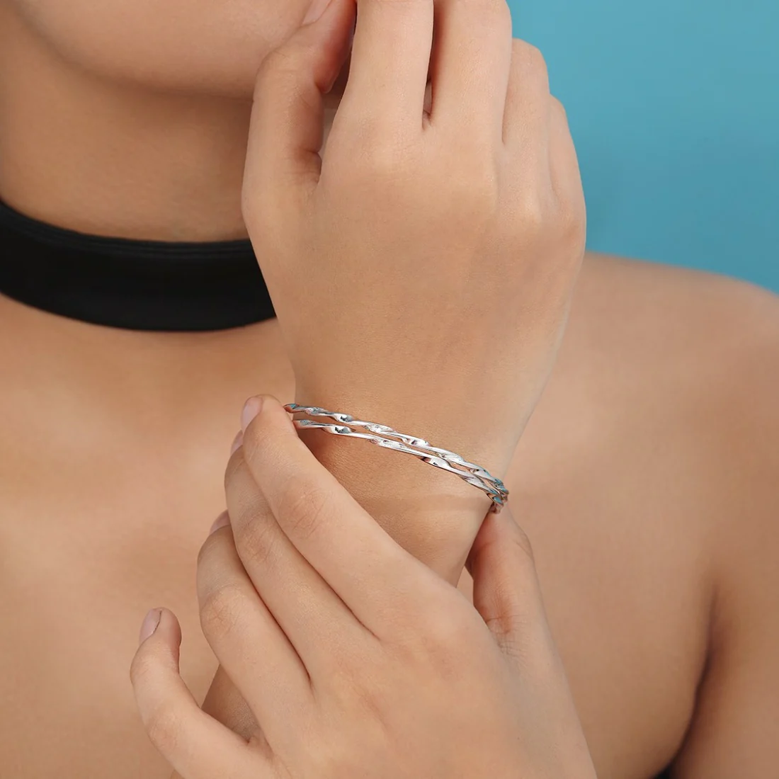 Radiant Reflections 925 Sterling Silver Rhodium-Plated Abstract Bangle - Image 3