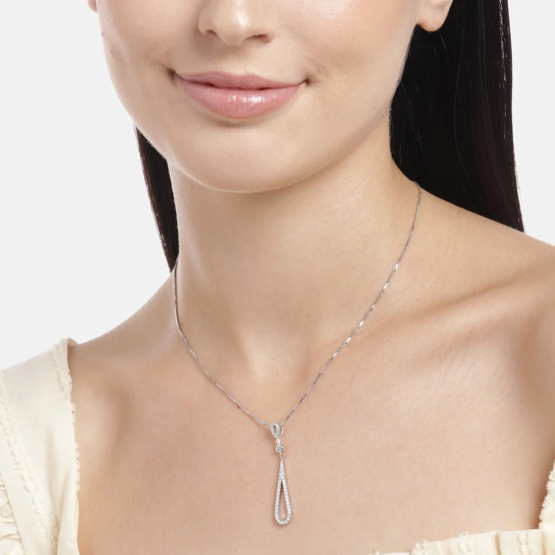 Radiant Rhodium Elegance CZ Sterling Silver Drop Pendant with Chain - Image 3