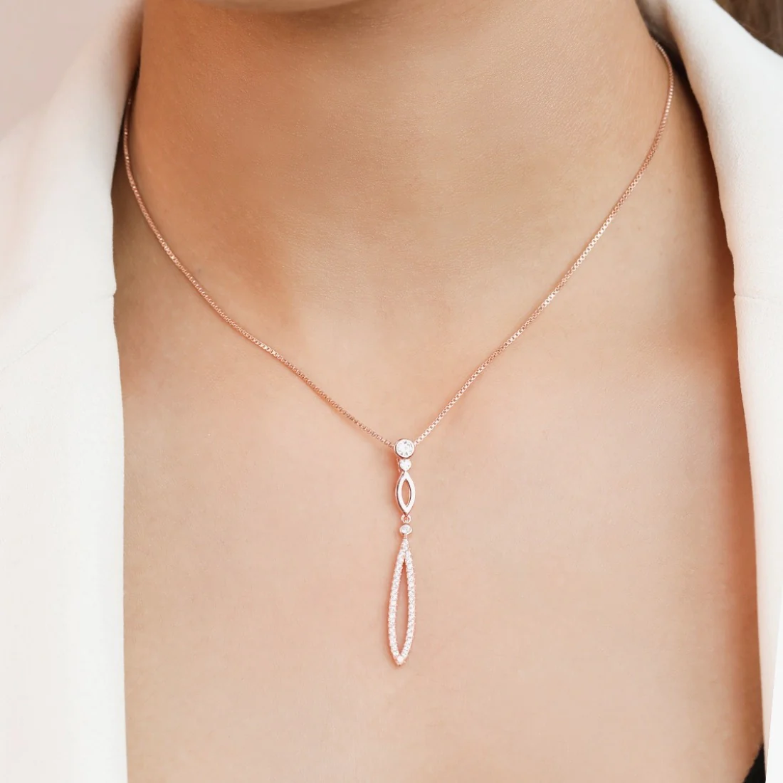 Radiant Rose Gold Drop Pendant with Chain Elegance in Sterling Silver - Image 2
