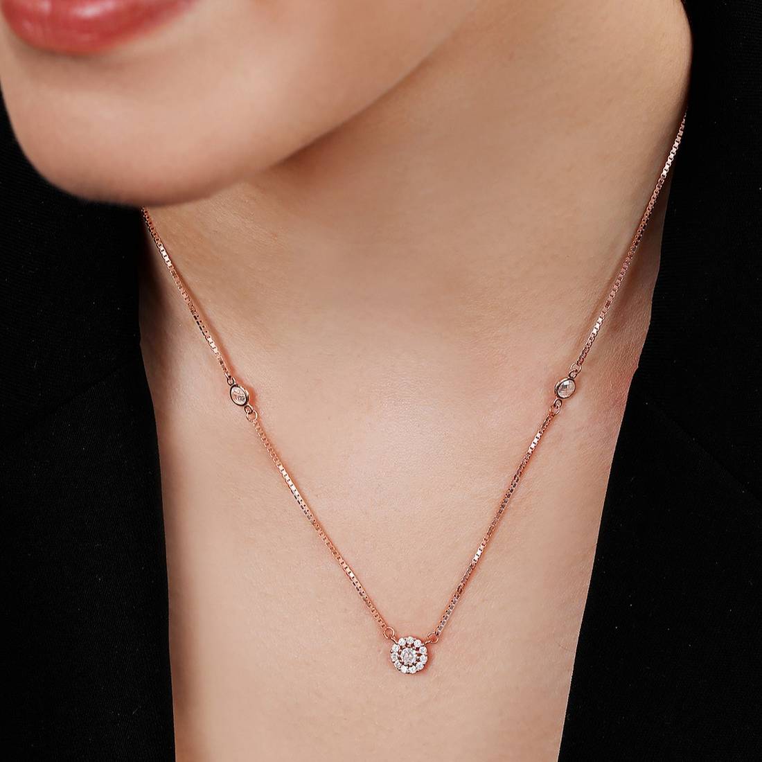 Radiant Rose Gold-Plated 925 Sterling Silver Halo Necklace with CZ - Image 3