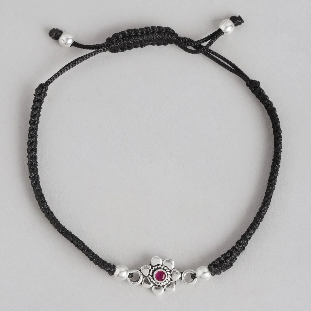 Red Cubic Zirconia Black Thread 925 Sterling Silver Bracelet - Image 6