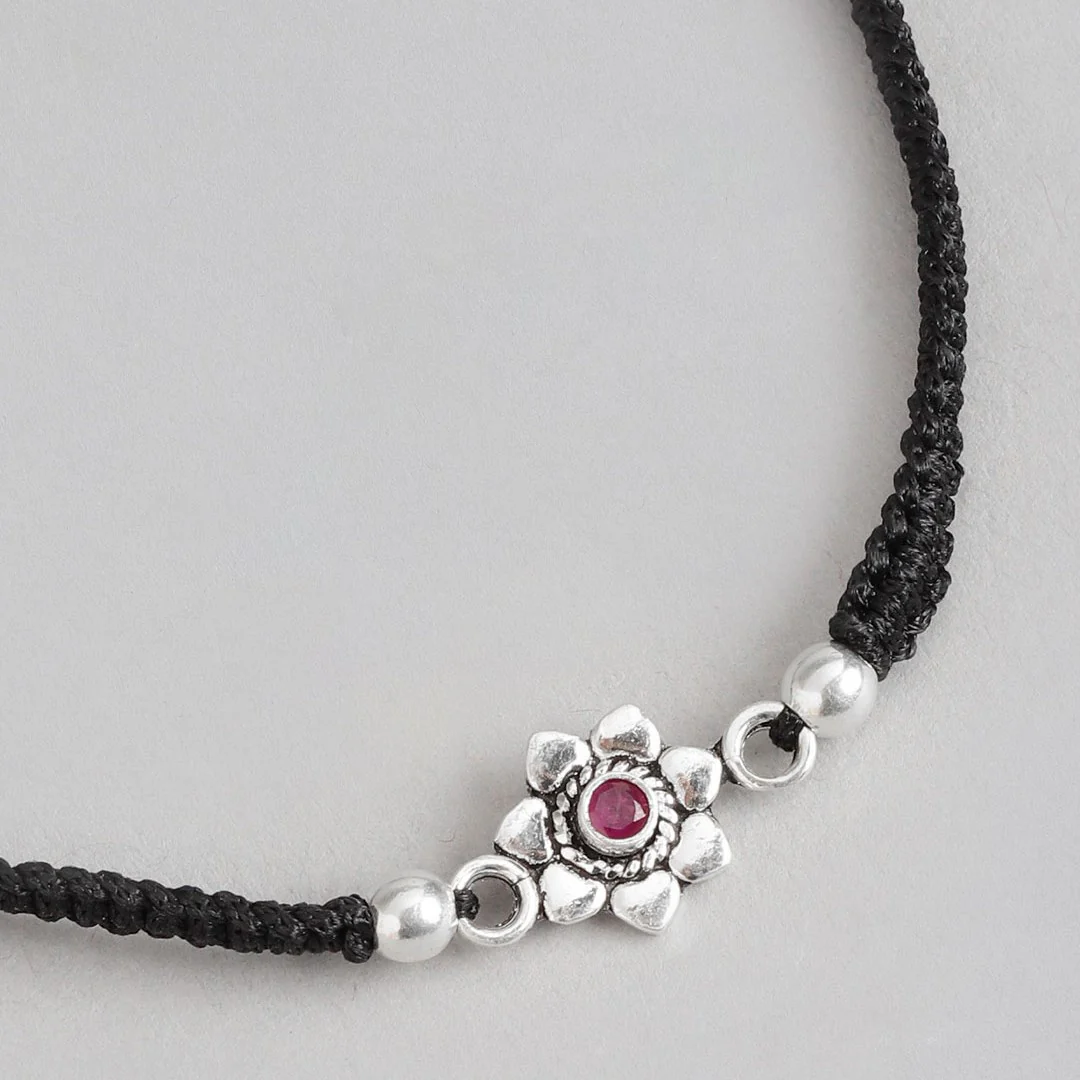 Red Cubic Zirconia Black Thread 925 Sterling Silver Bracelet - Image 8