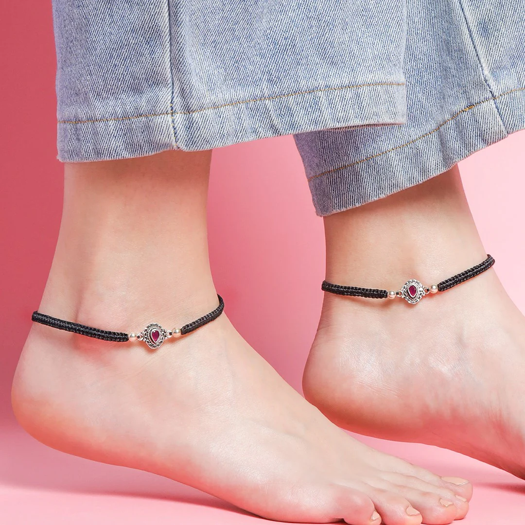 Red Stone Rhodium Plated 925 Sterling Silver Anklet - Image 2