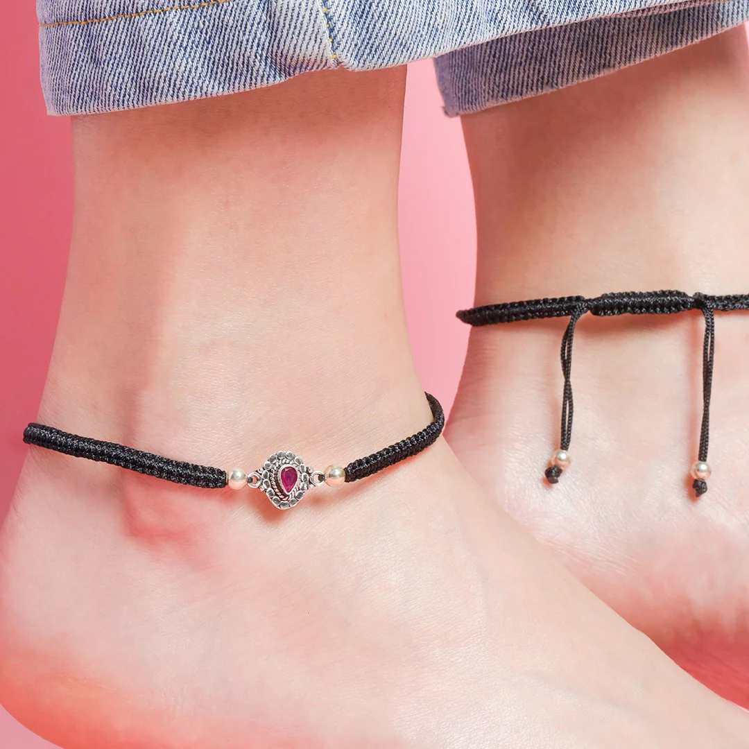 Red Stone Rhodium Plated 925 Sterling Silver Anklet - Image 3