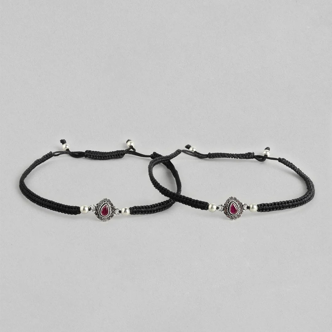 Red Stone Rhodium Plated 925 Sterling Silver Anklet - Image 5
