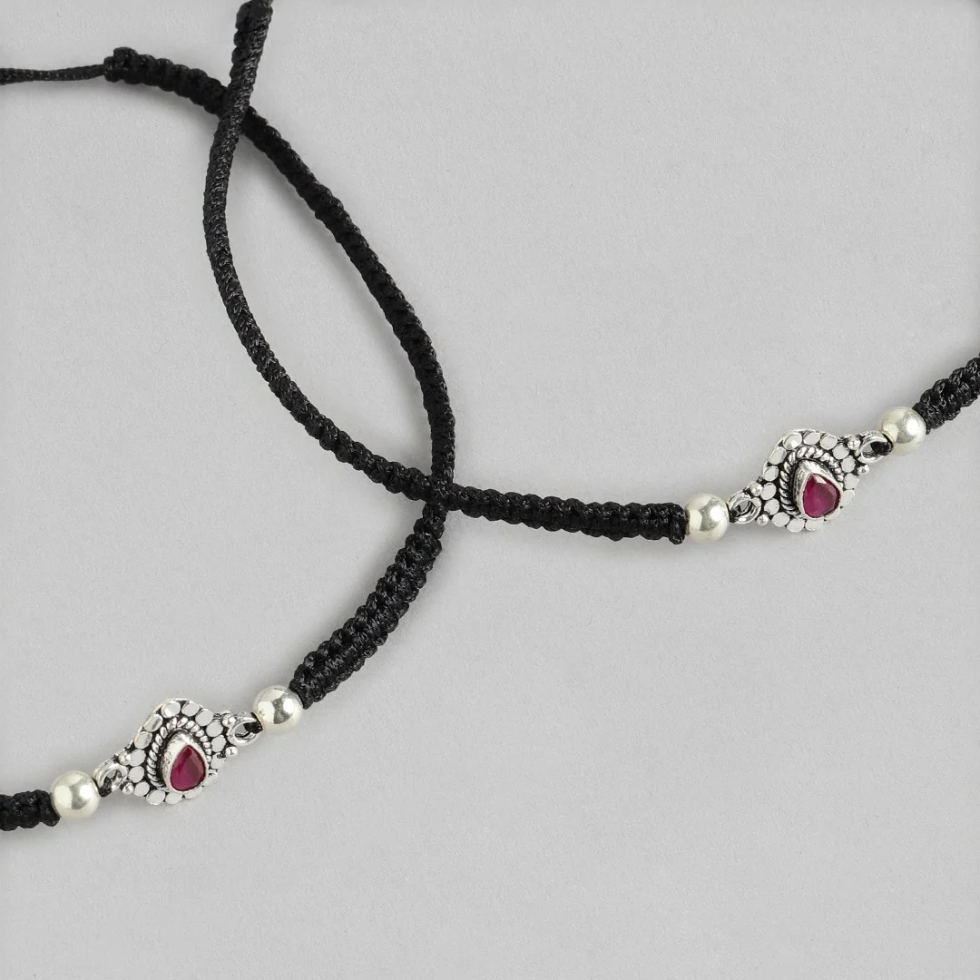 Red Stone Rhodium Plated 925 Sterling Silver Anklet - Image 6