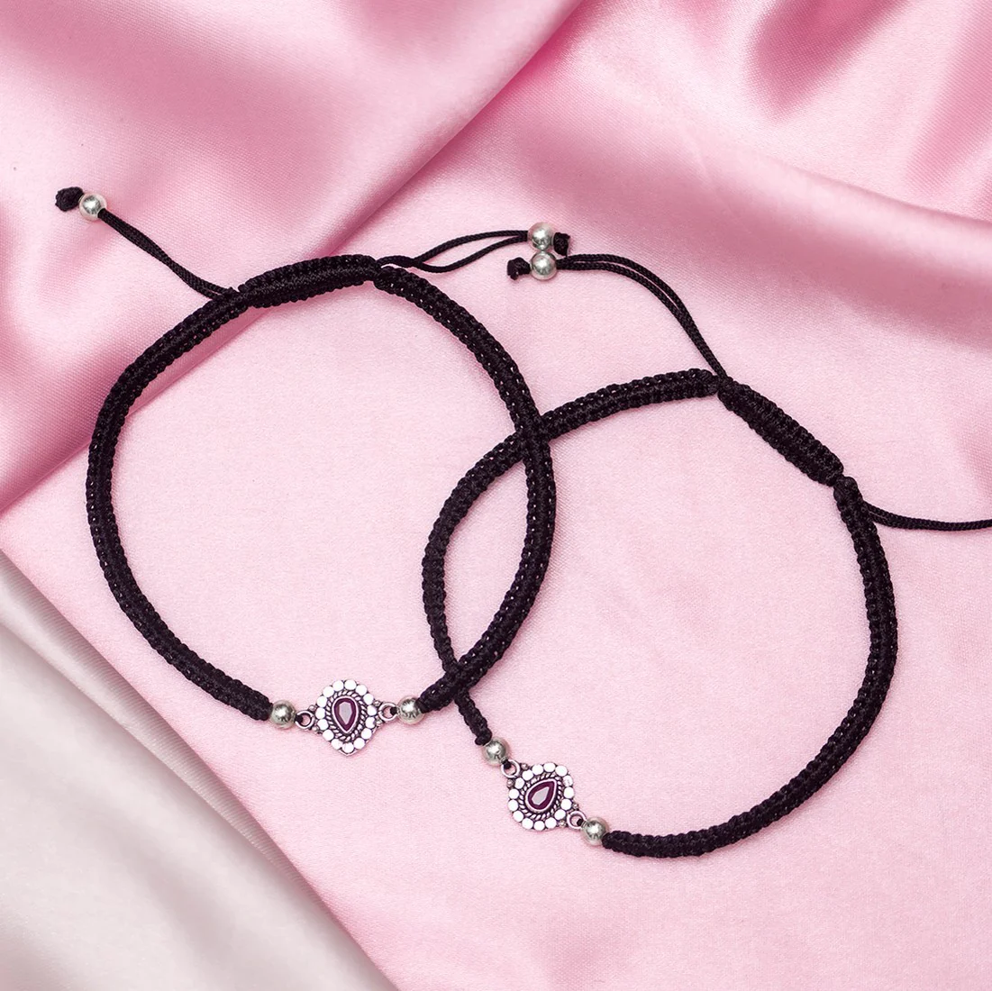 Red Stone Rhodium Plated CZ 925 Sterling Silver Thread Anklet - Image 7