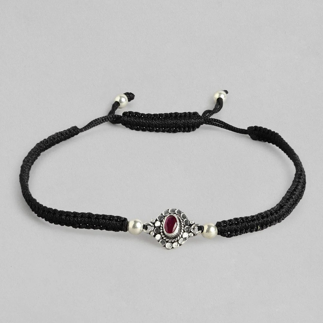 Red Stone Rhodium Plated CZ 925 Sterling Silver Thread Anklet - Image 8