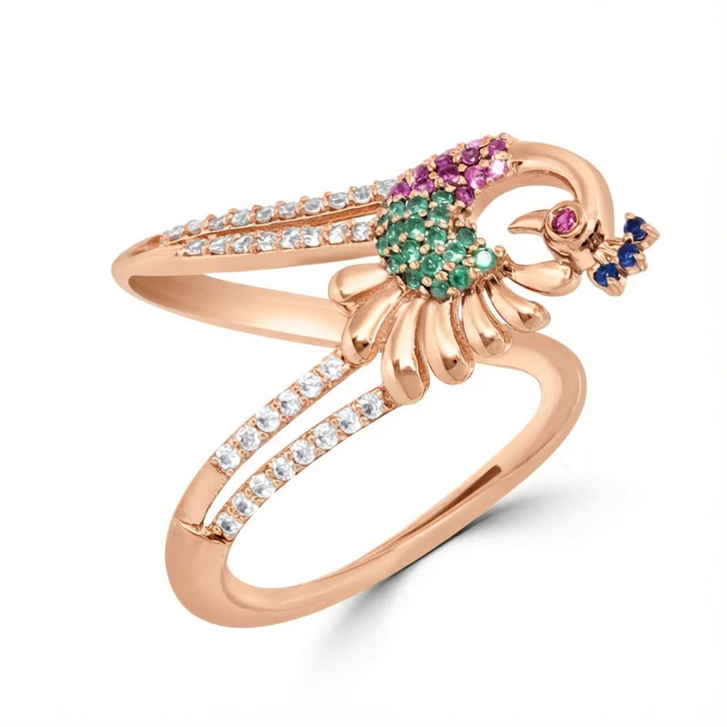 Regal Peacock Multi-CZ Rose Gold-Plated 925 Sterling Silver Ring - Image 5