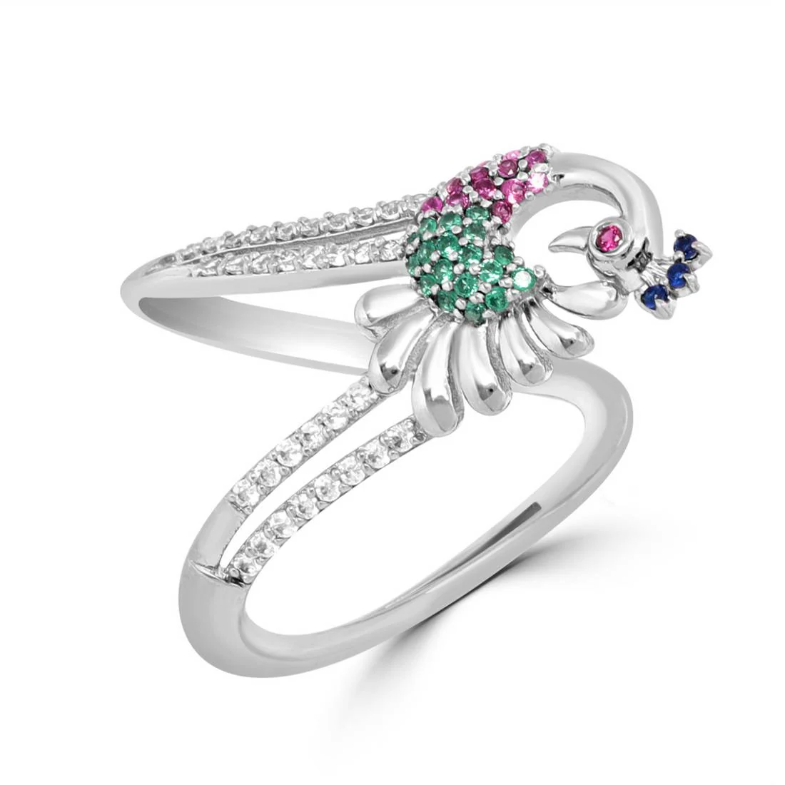 Regal Peacock Multi-CZ Rhodium-Plated 925 Sterling Silver Ring - Image 3