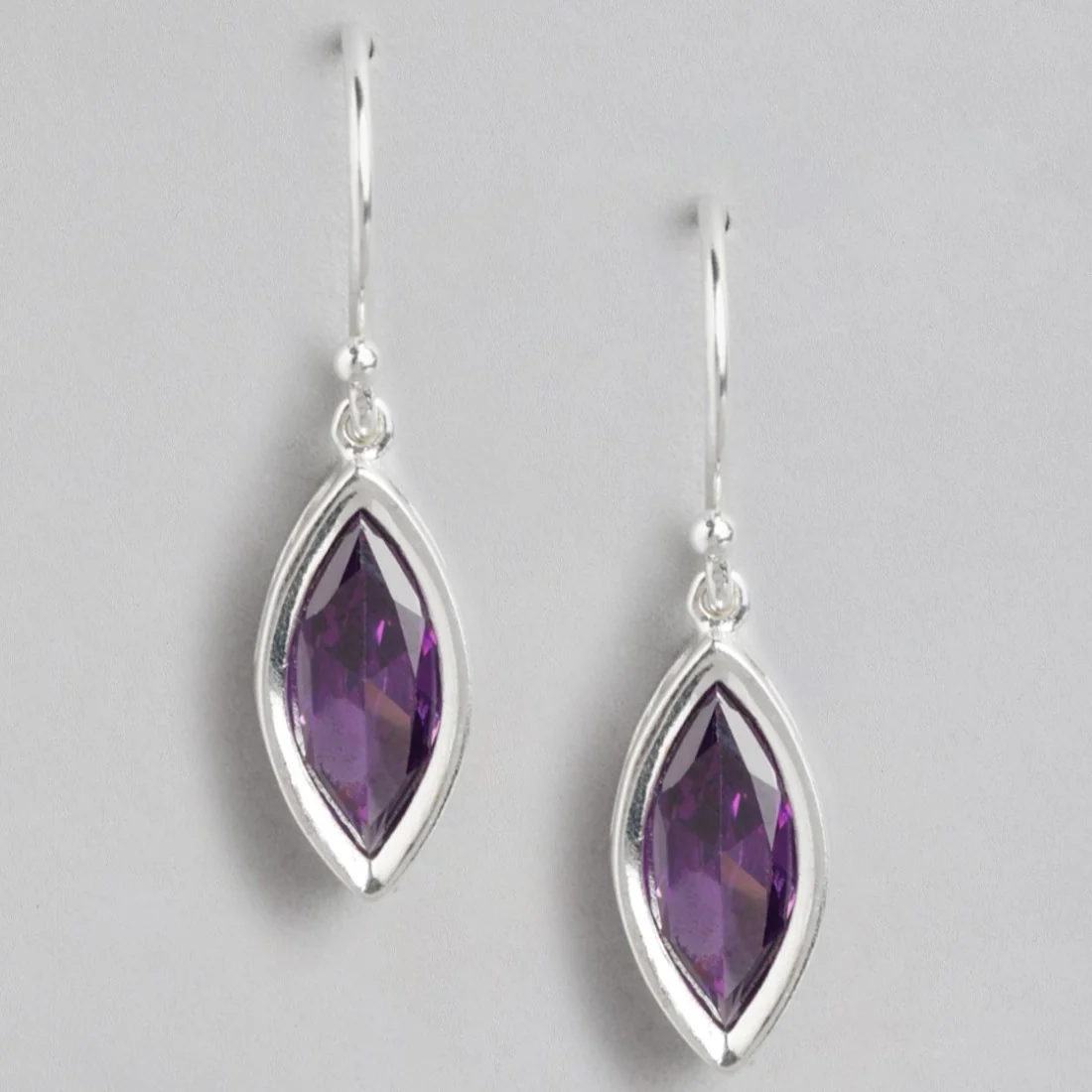 Regal Radiance Rhodium Plated Purple CZ 925 Sterling Silver Drop Earrings - Image 3