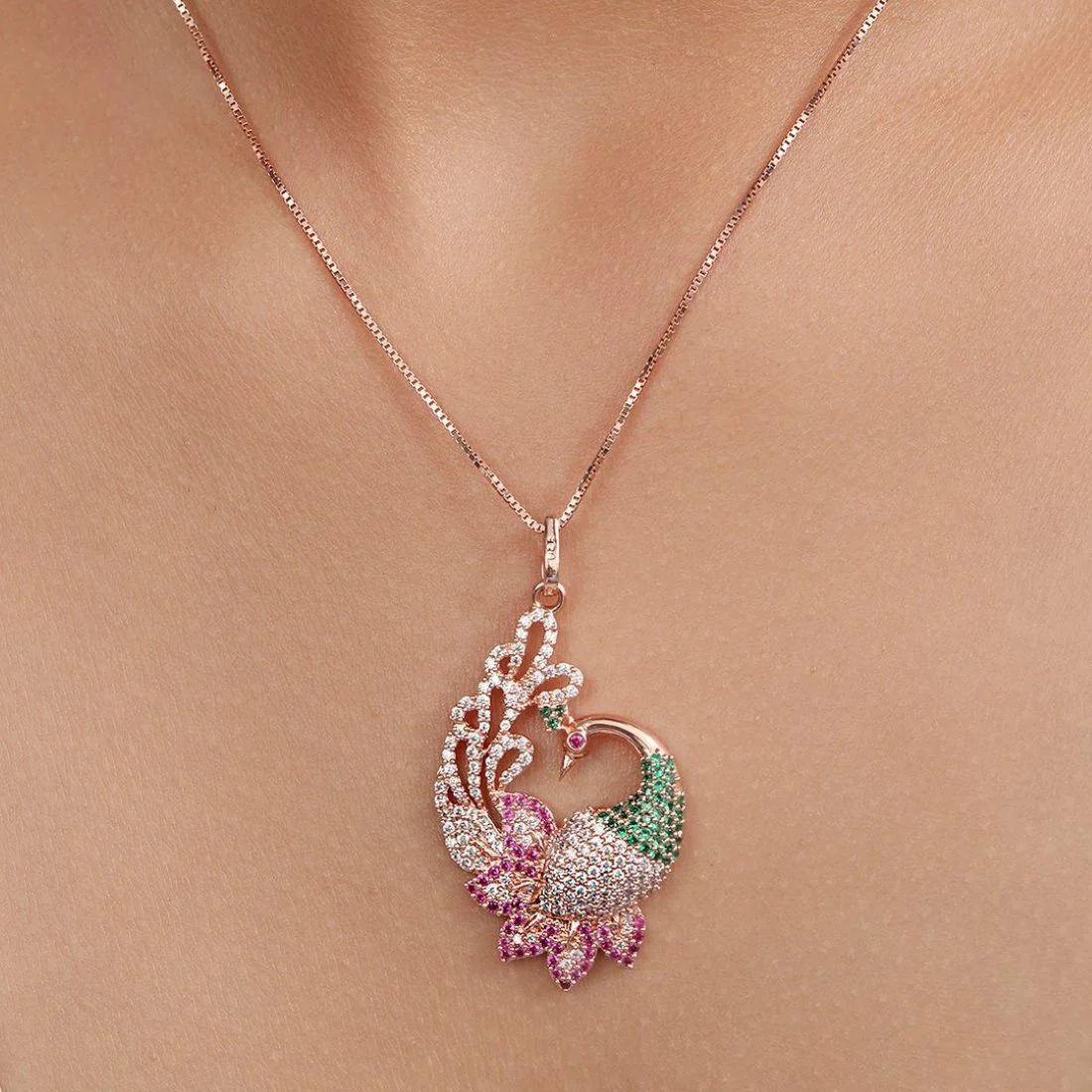 Regal Rose Gold-Plated 925 Sterling Silver Peacock Pendant - Image 2