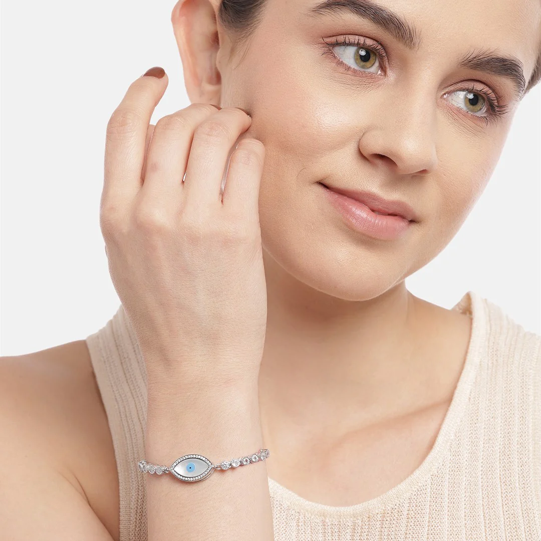 Evil Eye Solitaire Rhodium Plated 925 Sterling Silver Bracelet - Image 2