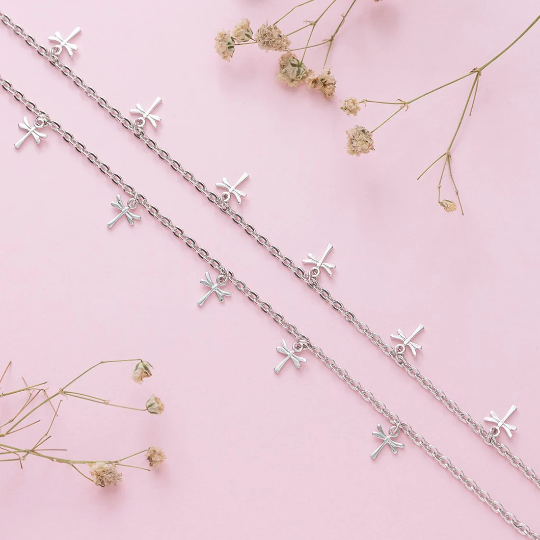 Rhodium Plated Dragonfly 925 Sterling Silver Anklets - Image 2