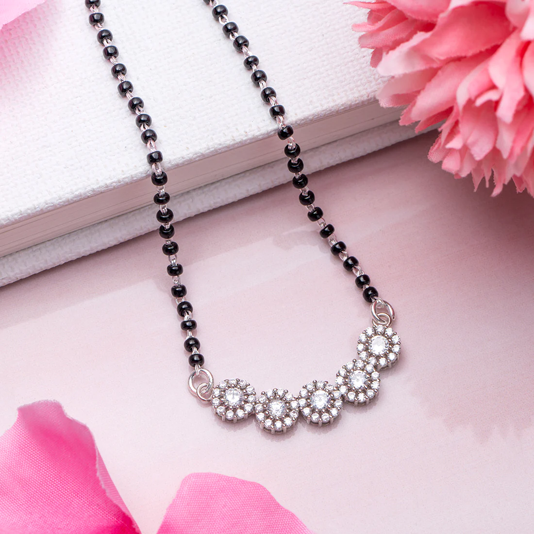 Rhodium-Plated Eternal Bloom CZ Black Beads 925 Sterling Silver Mangalsutra - Image 2