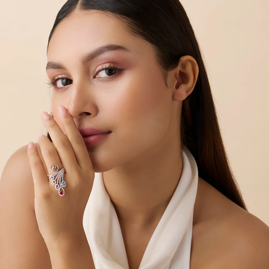Peacock’s Wings of Wonder Rhodium Plated Ring (Adjustable) - Image 3