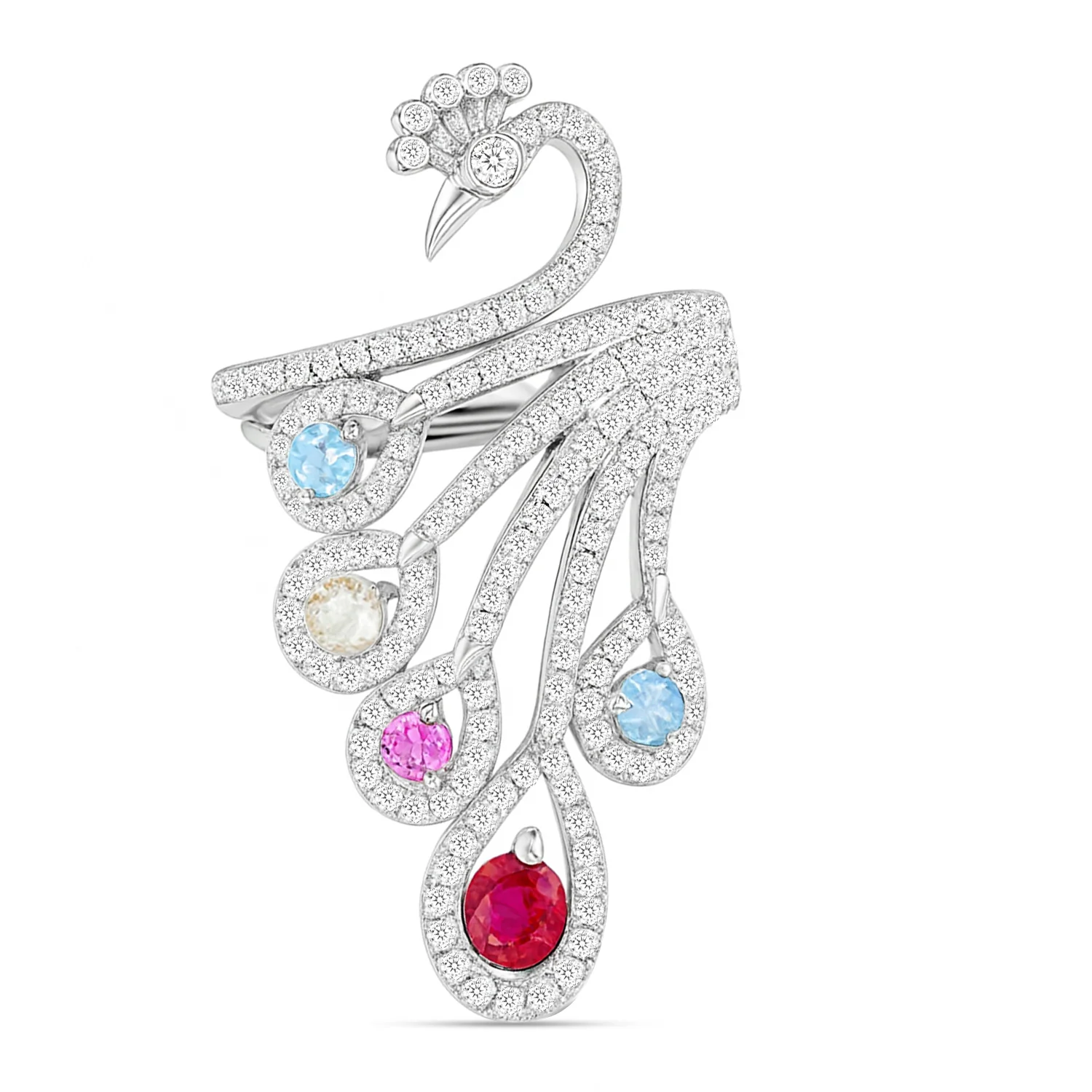 Peacock’s Wings of Wonder Rhodium Plated Ring (Adjustable) - Image 4