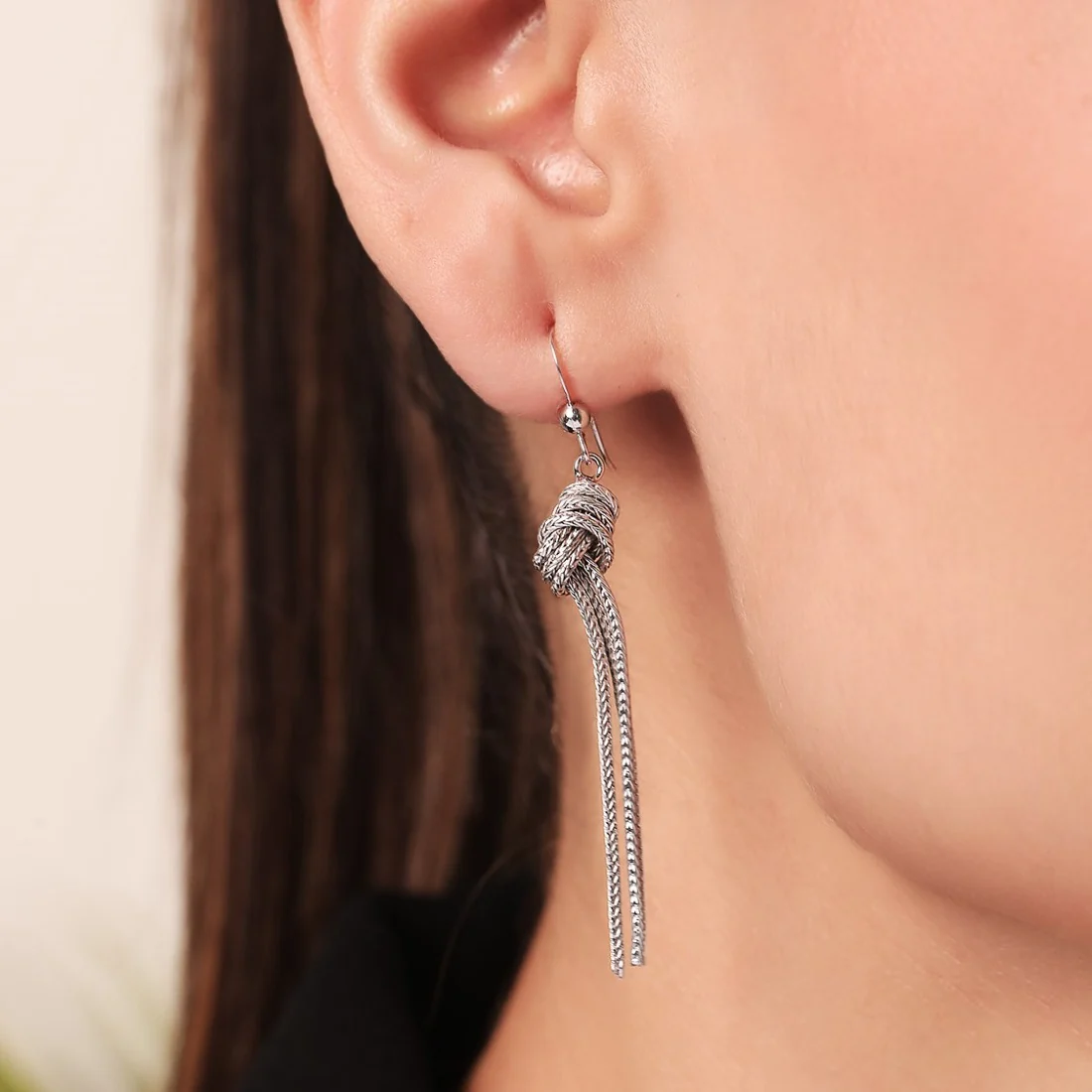 Rhodium Plated Tied Chain 925 Sterling Silver Dangle Earrings