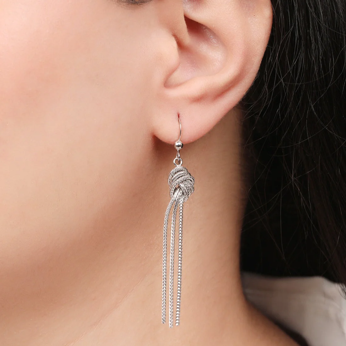 Rhodium Plated Tied Chain 925 Sterling Silver Dangle Earrings - Image 2