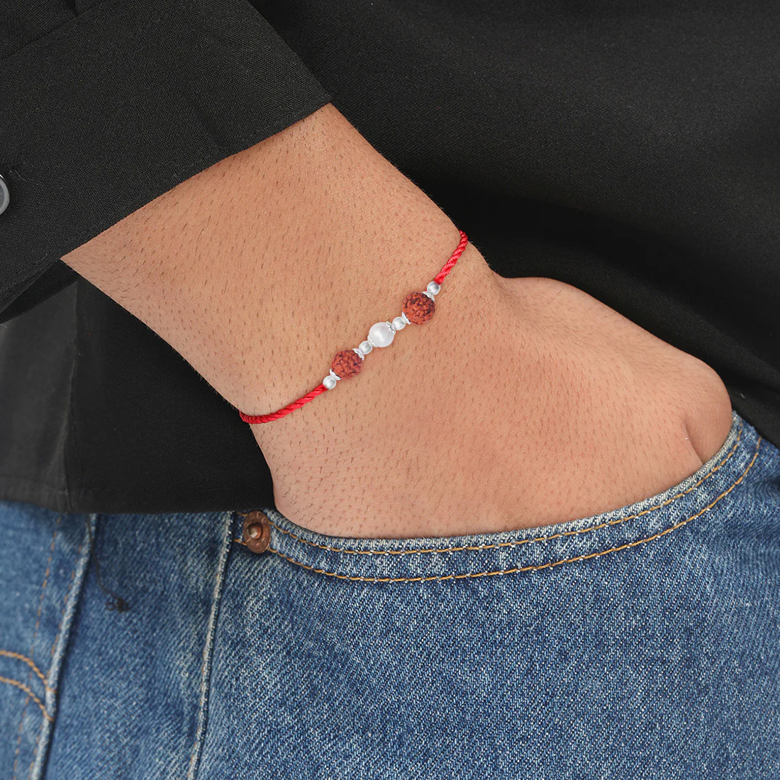 Sacred Rudraksh Pearl Rhodium-Plated Sterling Silver Thread Rakhi For Him - Image 3