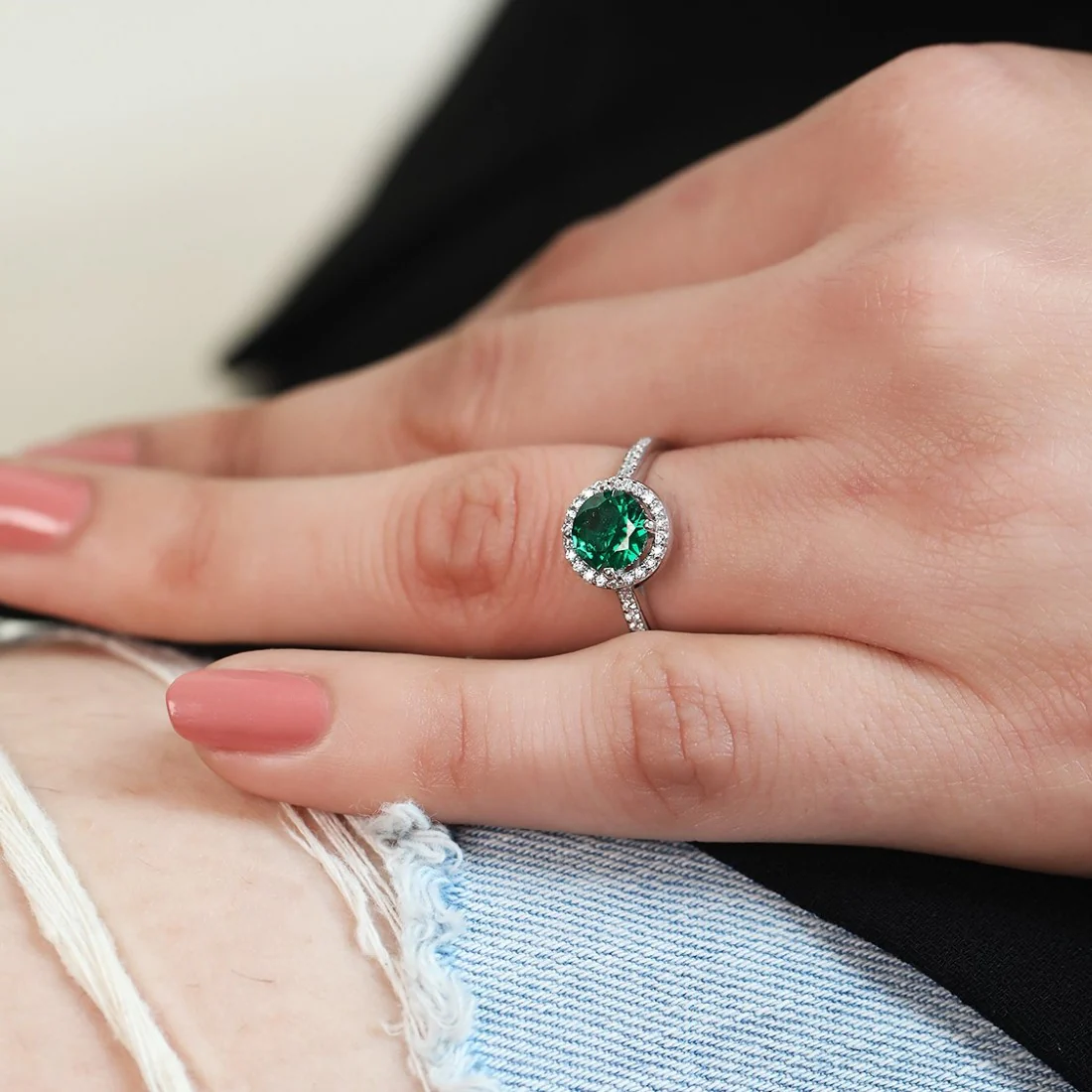 Green Solitaire Halo CZ Studded Rhodium Plated 925 Sterling Silver Ring (Adjustable) - Image 3