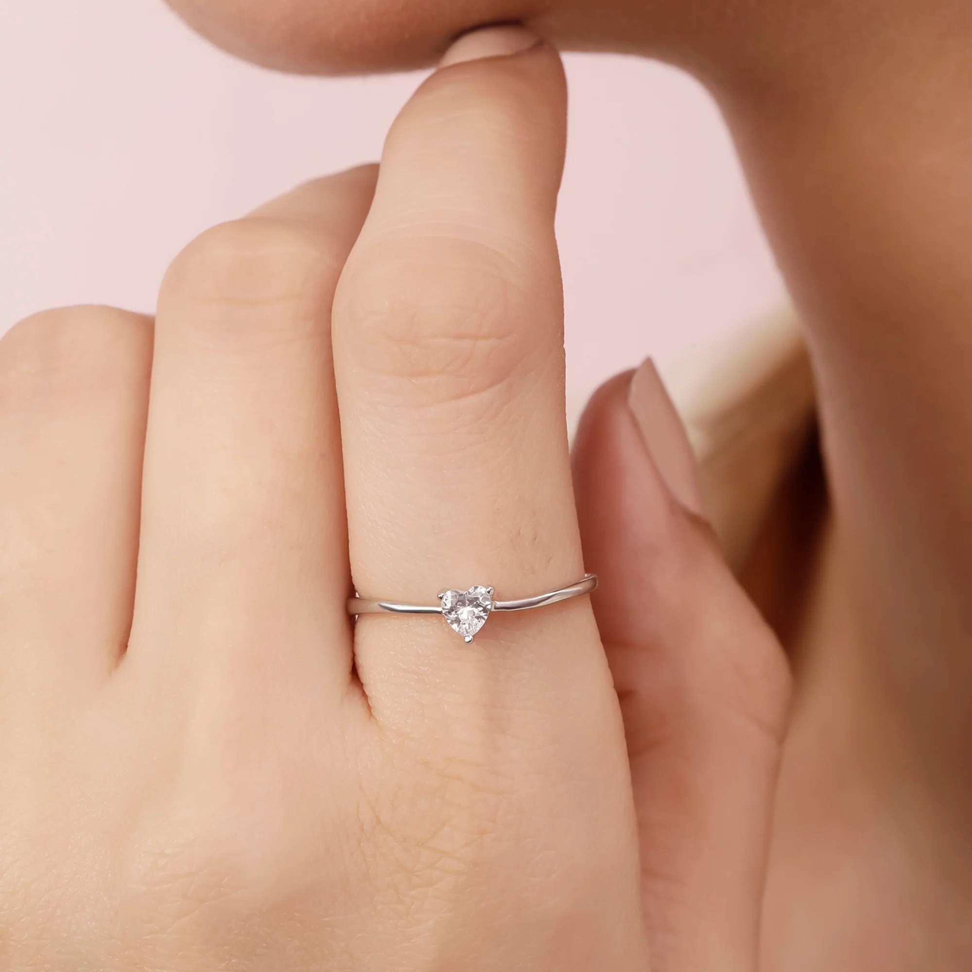 Minimal CZ Heart Rhodium Plated 925 Sterling Silver Ring - Image 2