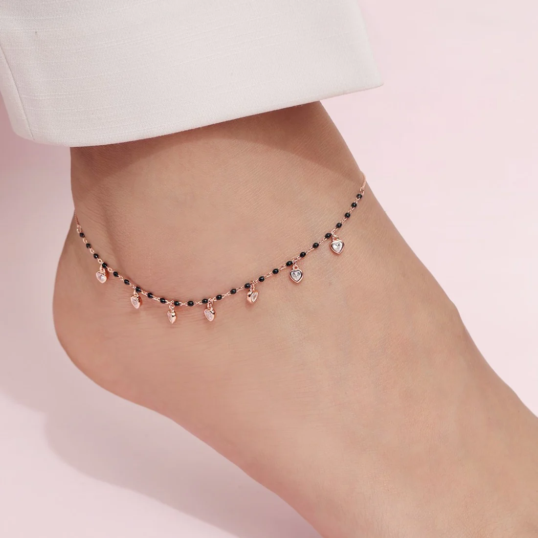 Romantic 925 Sterling Silver Heart Rose Gold Plated Anklet - Image 2