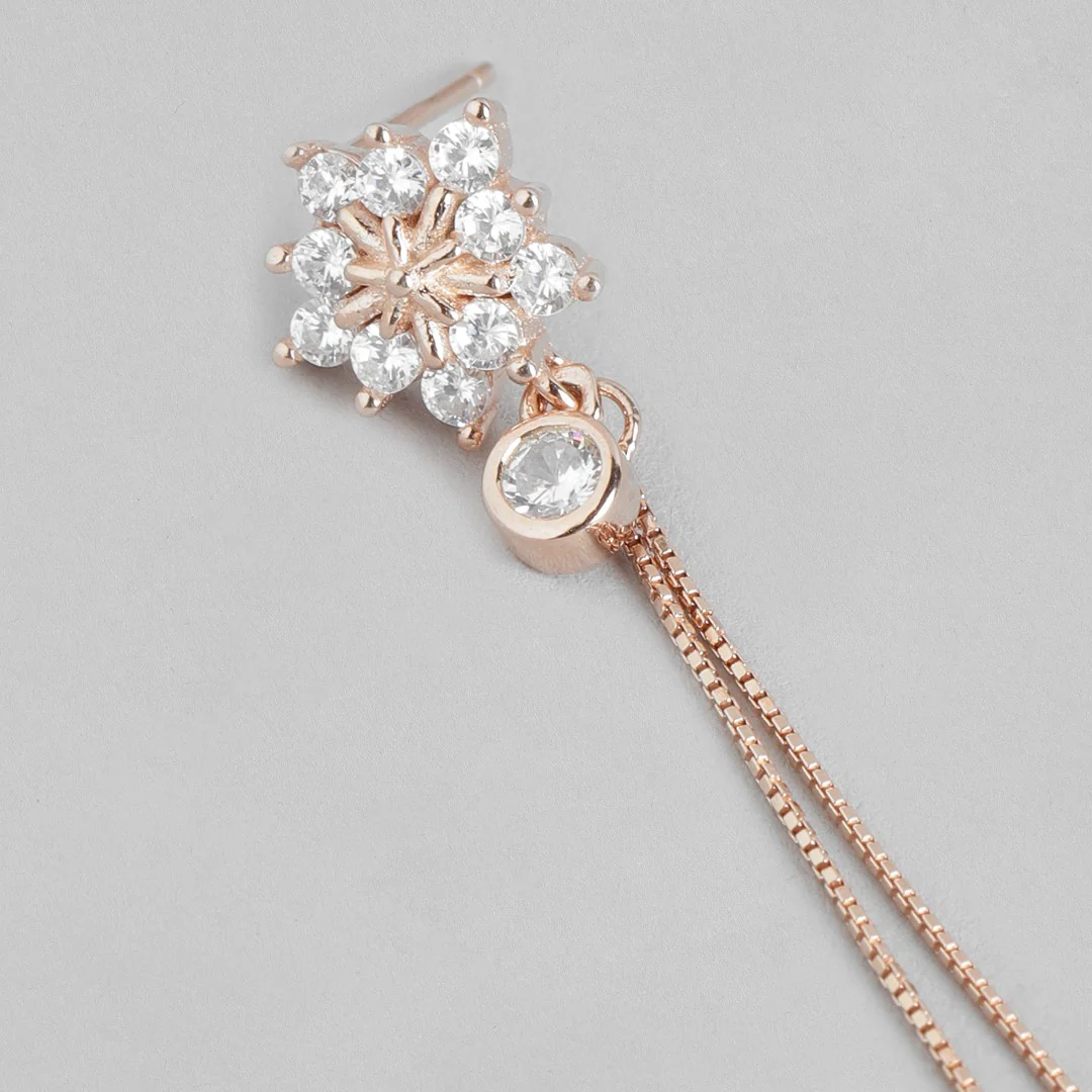 Rose Gold Bloom Cubic Zirconia Flower 925 Sterling Silver Earrings - Image 4