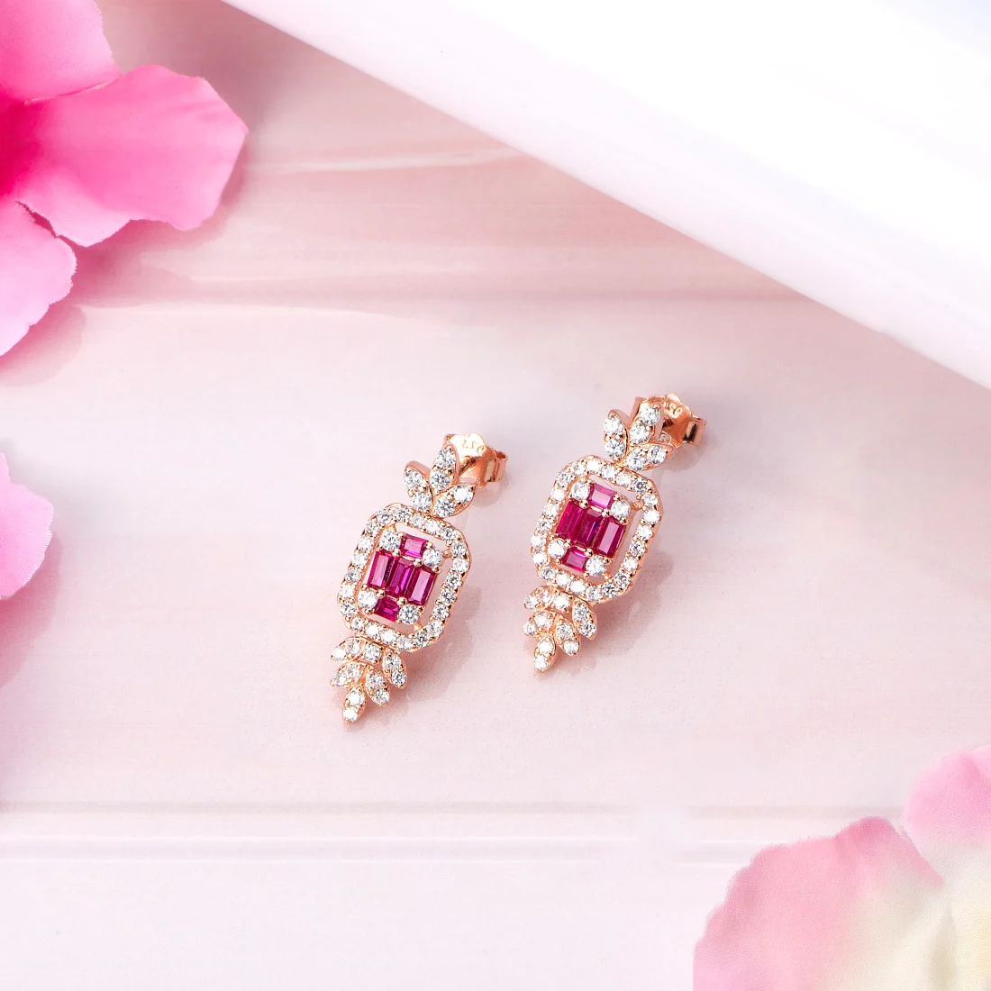 Rose Gold Elegance Square Pattern 925 Sterling Silver Drop Earrings - Image 2