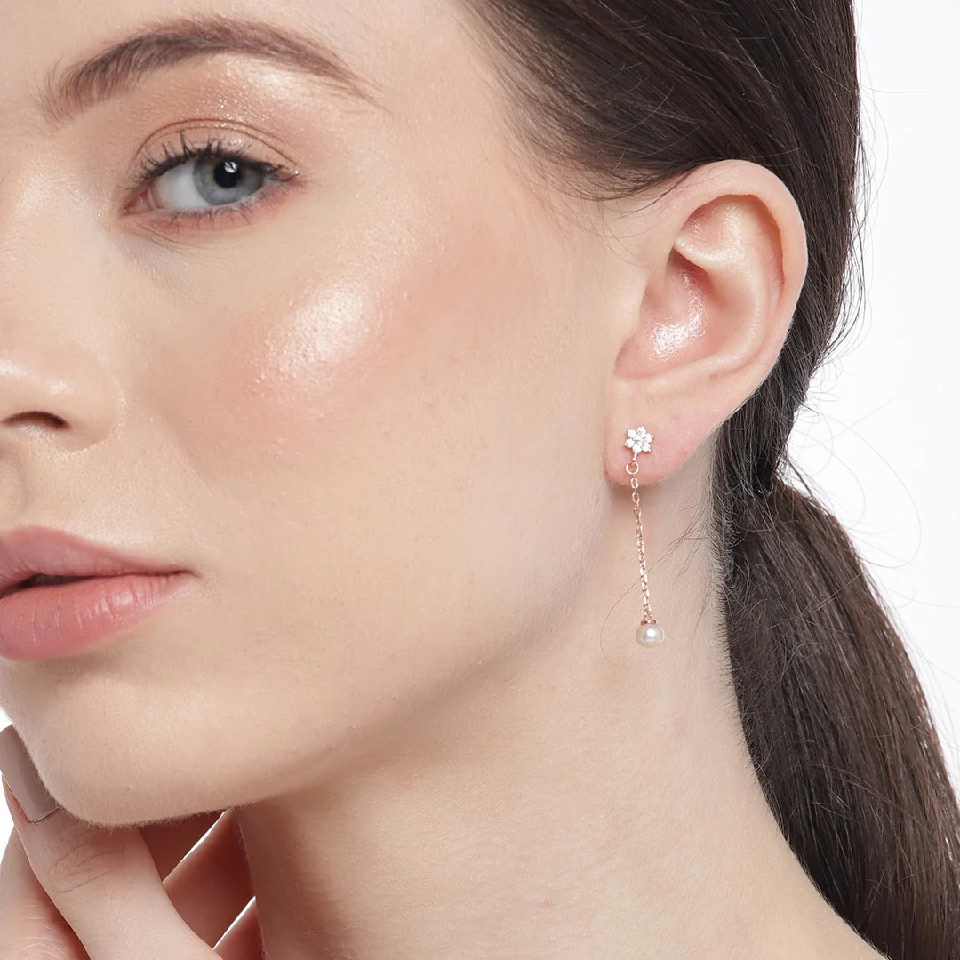 Rose Gold Harmony 925 Sterling Silver Stud Earrings with Freshwater Pearl - Image 2
