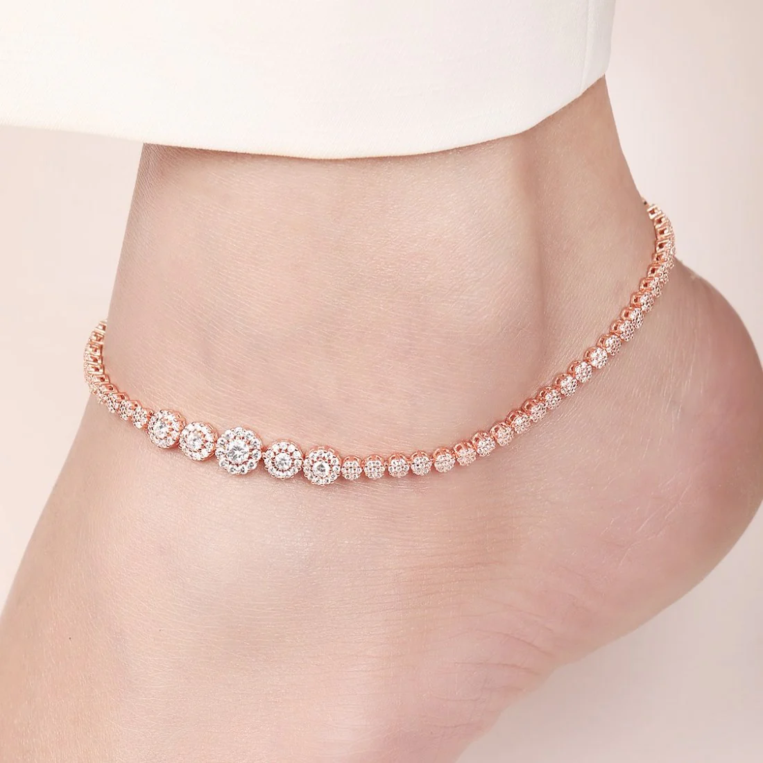 Rose Gold Plated Glimmering Fusion CZ 925 Sterling Silver Anklet - Image 2