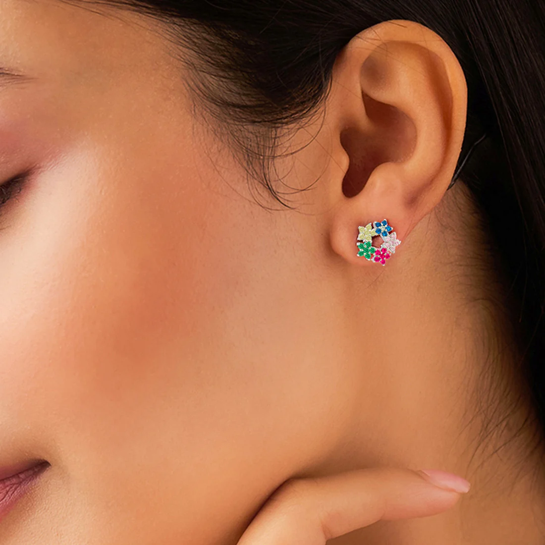 Where Colors Bloom Stud Rhodium Plated Earrings - Image 2