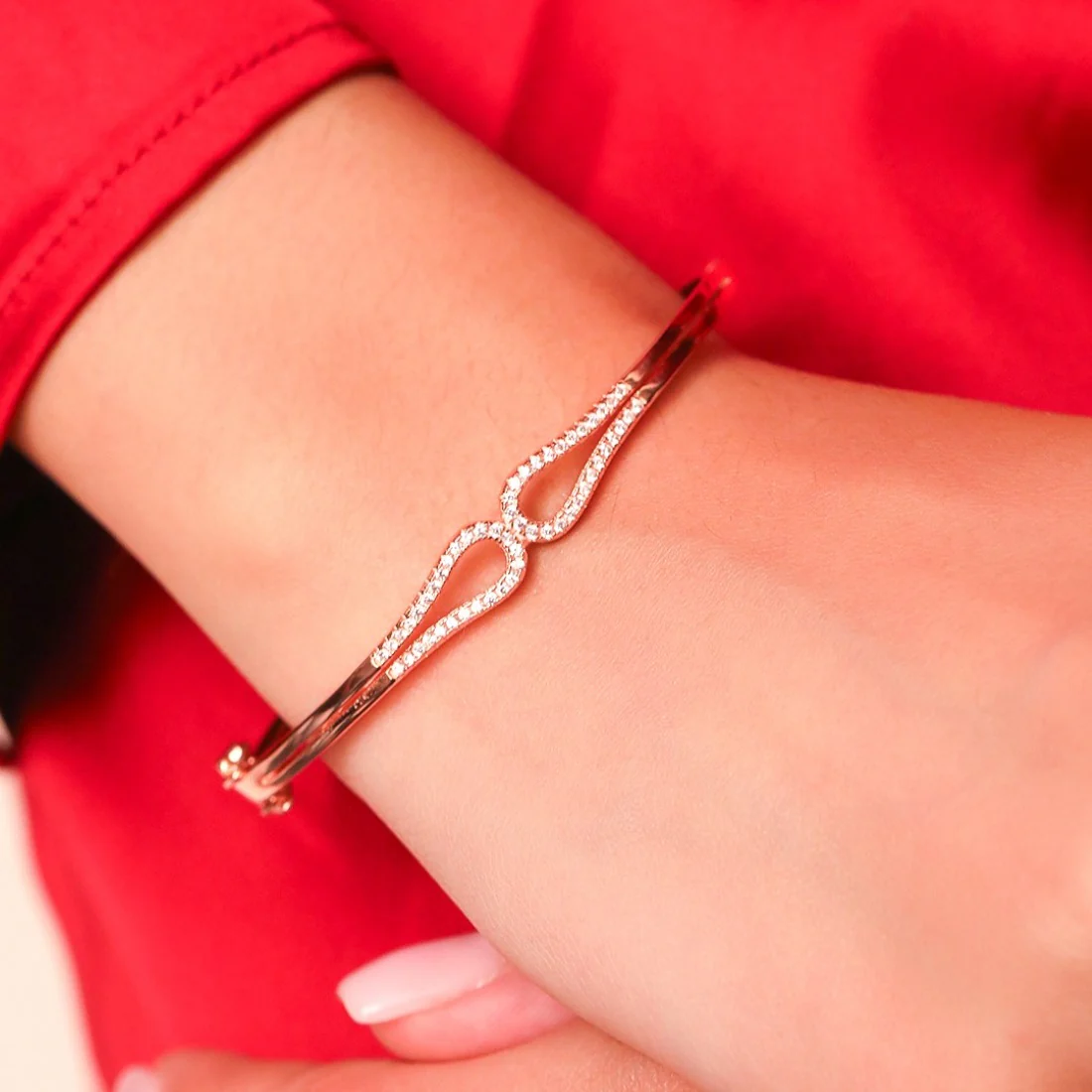 Rose Gold Radiance Cubic Zirconia Adorned Cuff Silver Bracelet - Image 2