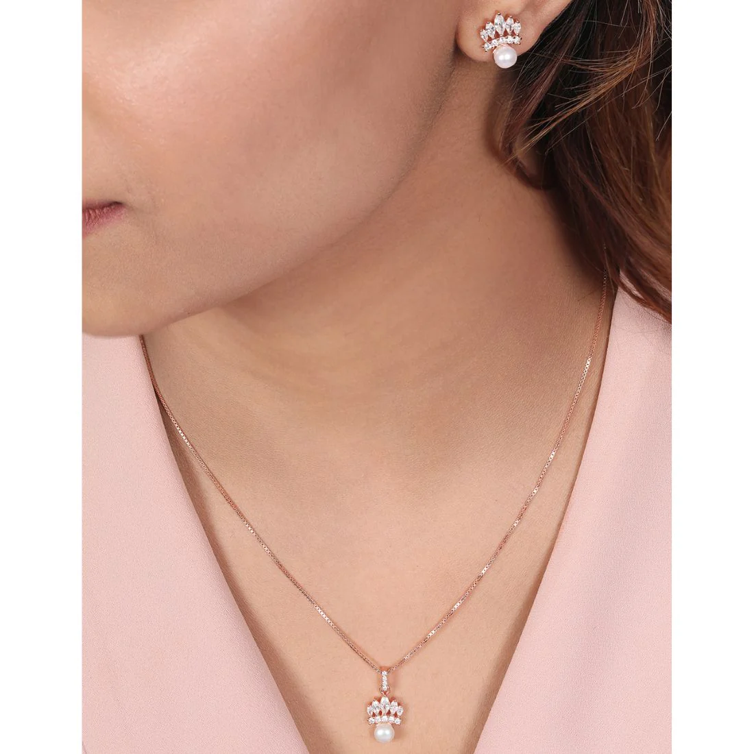 Pearl-CZ Radiance Rose gold Plated 925 Sterling Silver Jewelry Set - Image 2