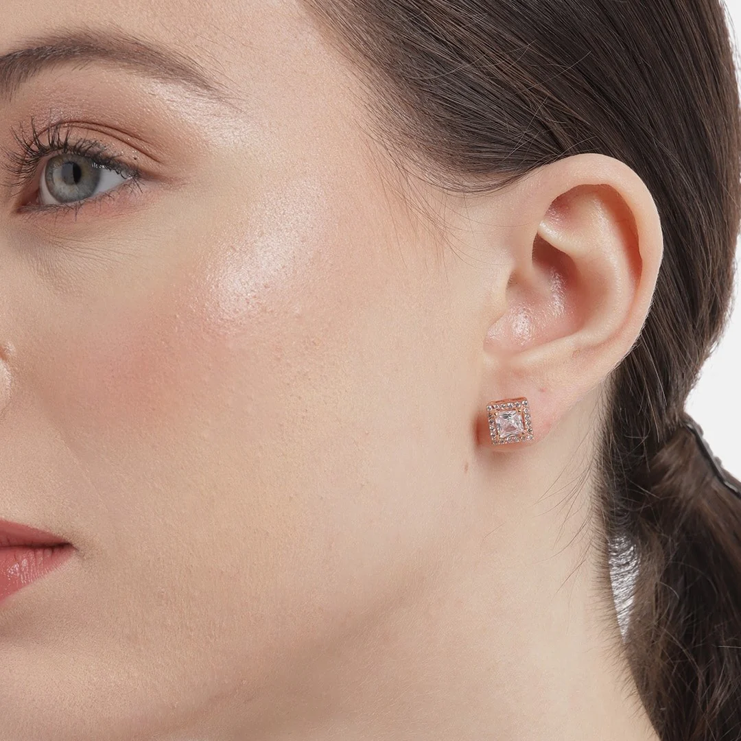 Rose Gold Sparkle 925 Sterling Silver CZ Stud Square Earrings - Image 2