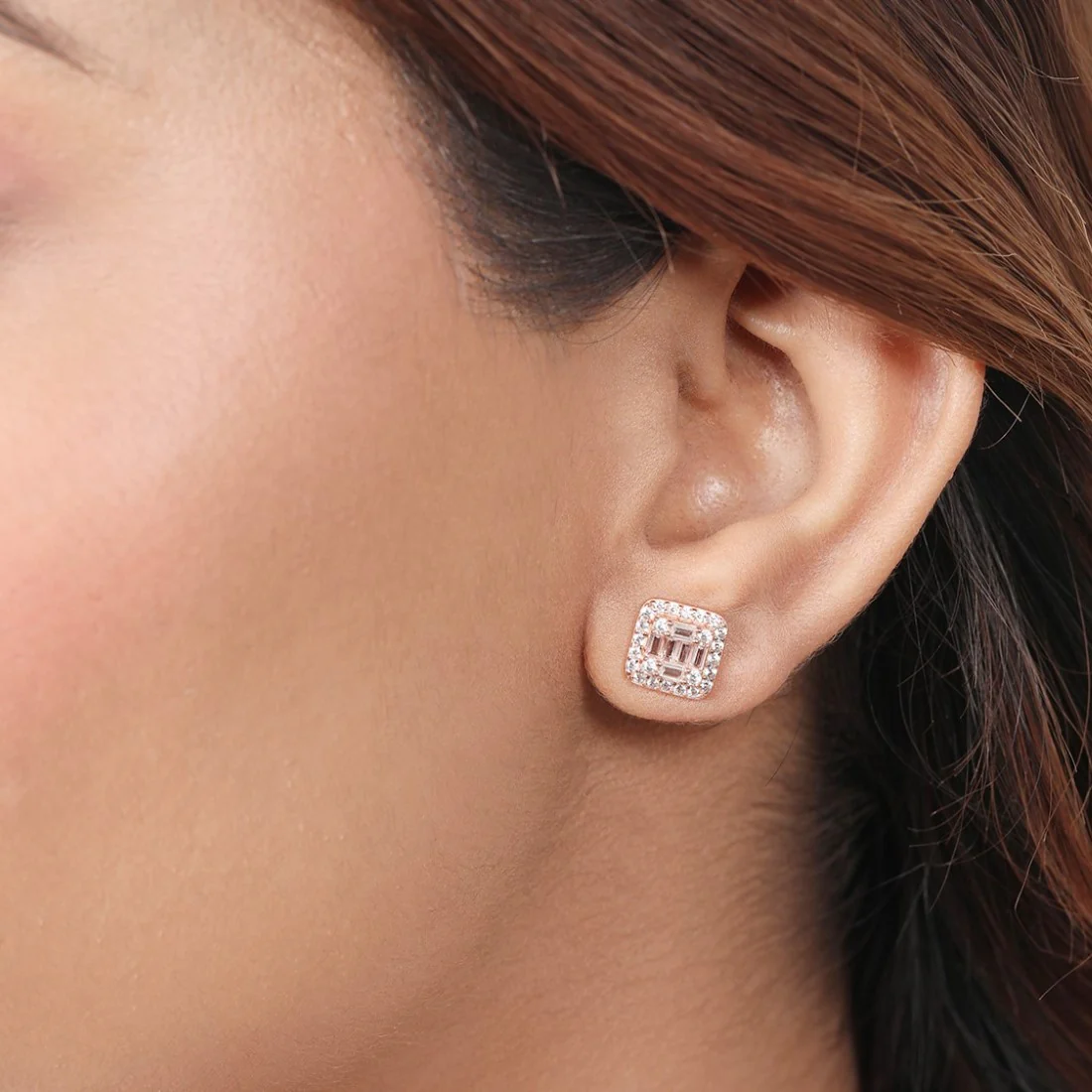 Rose Gold Square Sparkle 925 Sterling Silver Earrings - Image 2
