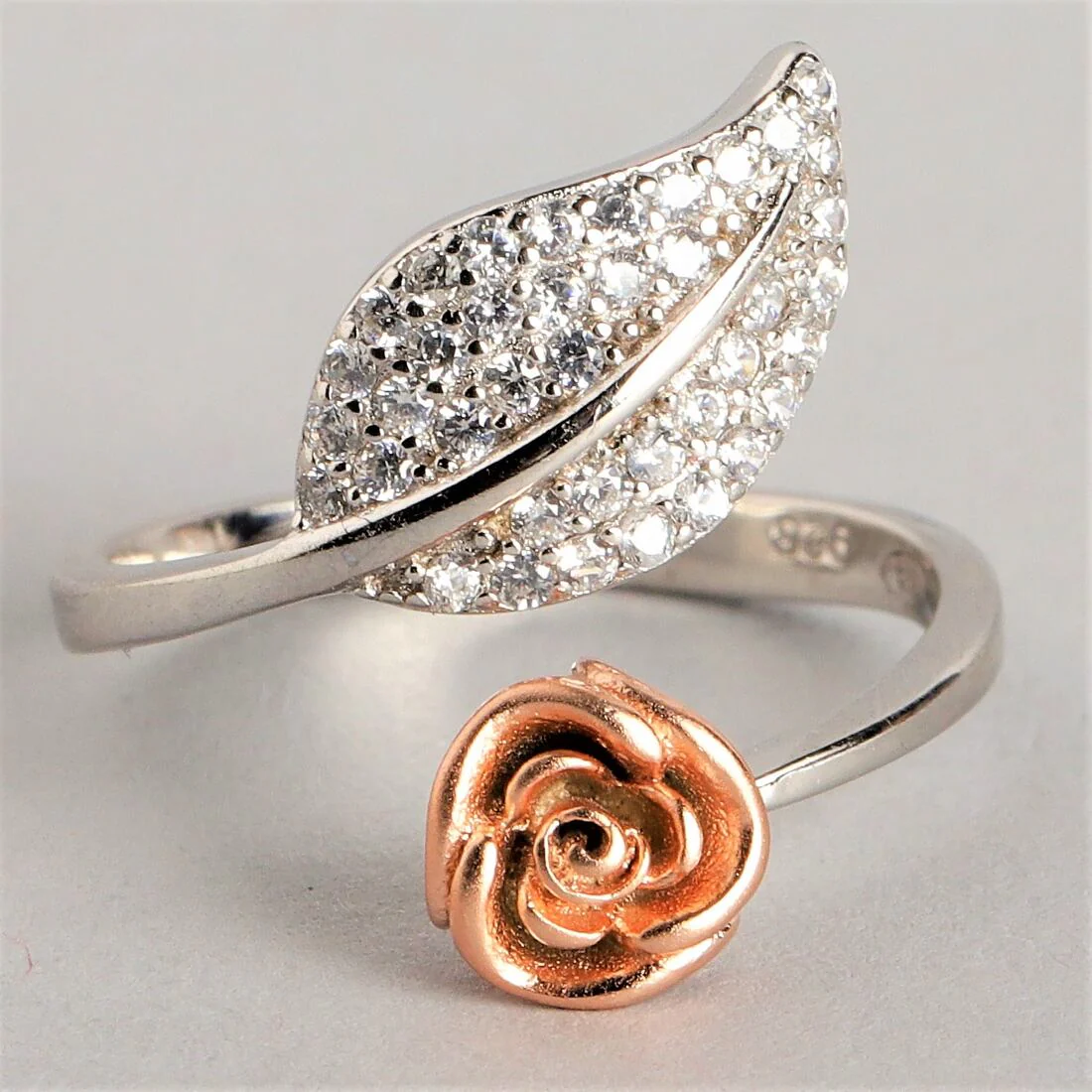 Rose Leaf Rhodium Plated 925 Sterling Silver Ring (Adjustable) - Image 5