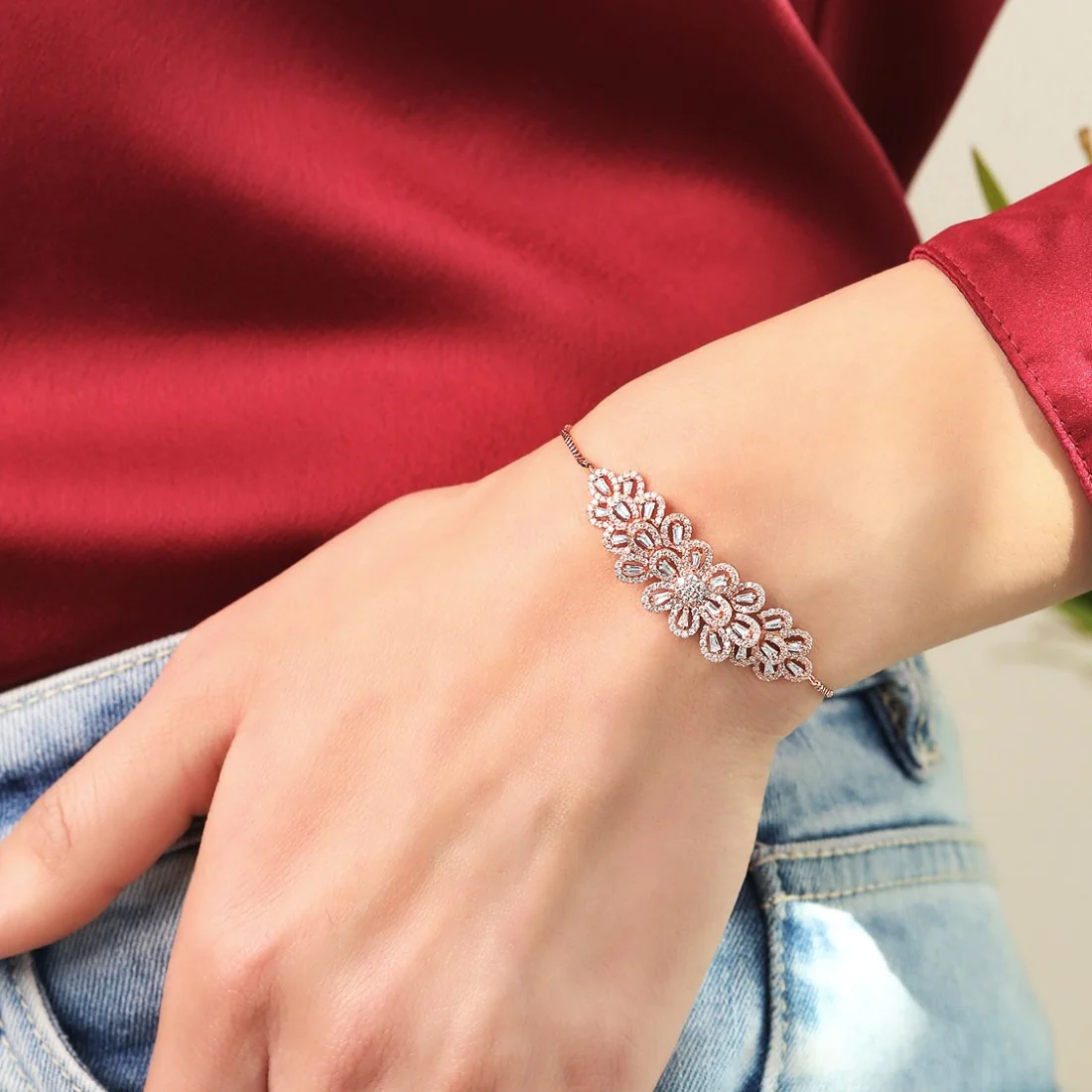 Rose Petal Bloom 925 Sterling Silver Rose gold Bracelet - Image 2