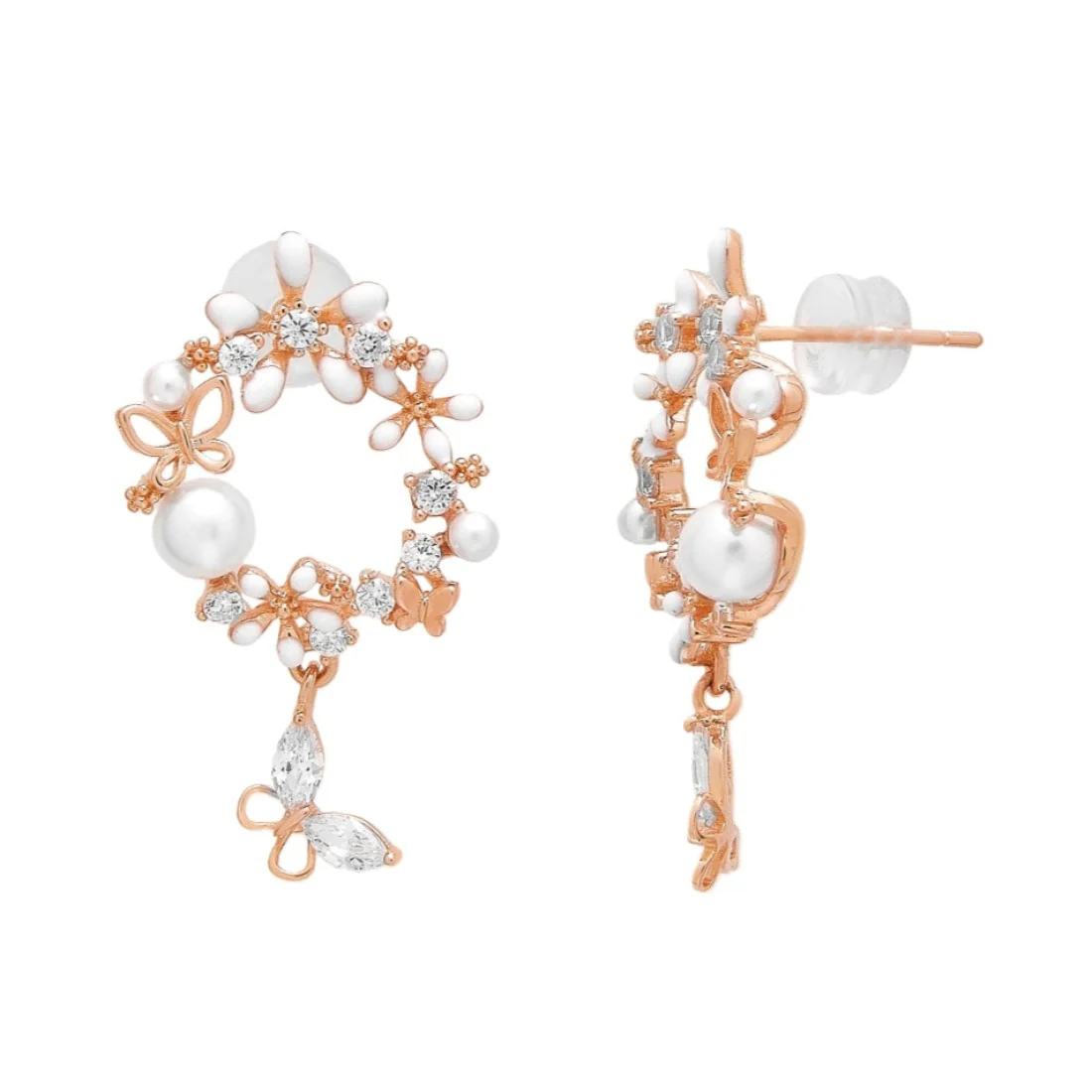 Rose Petal Harmony 925 Sterling Silver Rose Gold-Plated Flower Earrings - Image 3