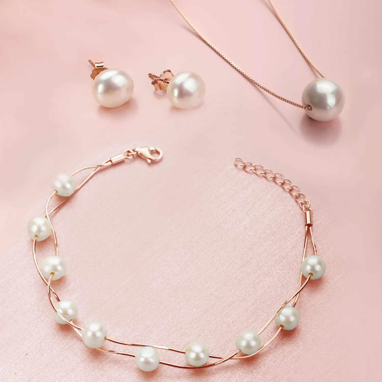 Rose Gold Plated Pearl 925 Silver Jewellery Set Trio