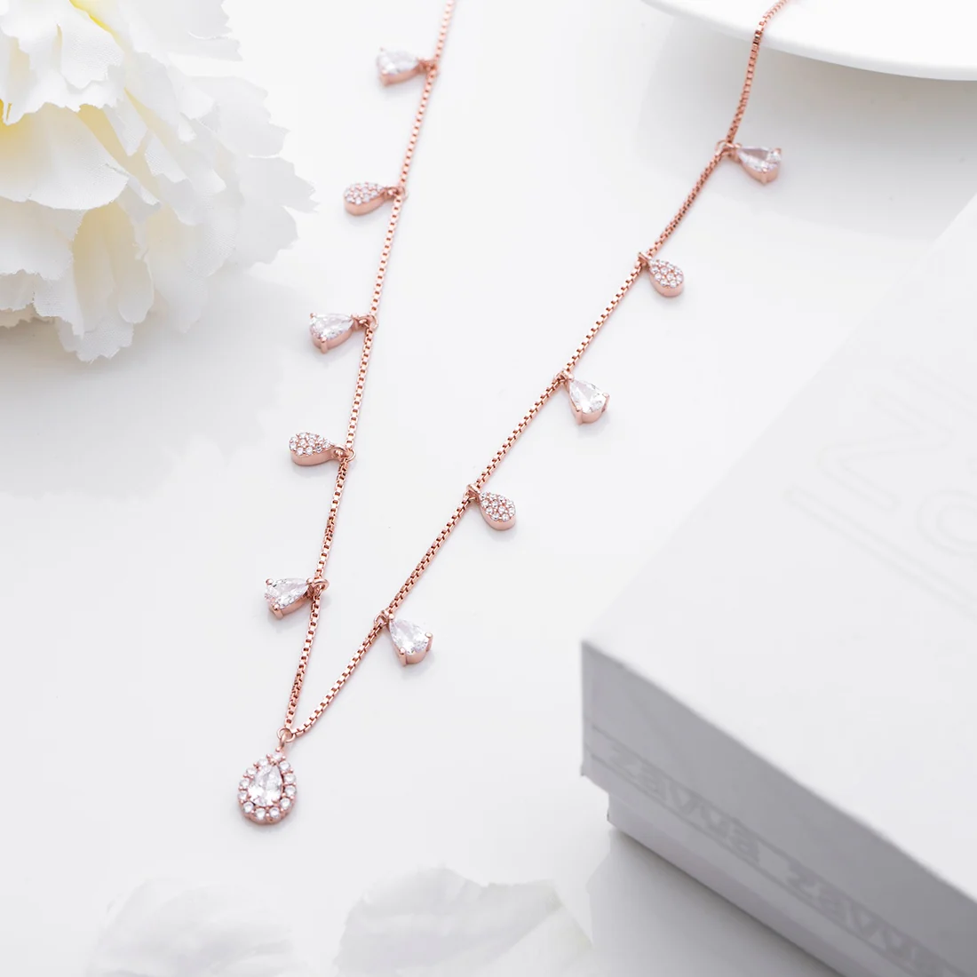 Rosy Radiance Rose Gold-Plated CZ Droplet 925 Sterling Silver Necklace - Image 2