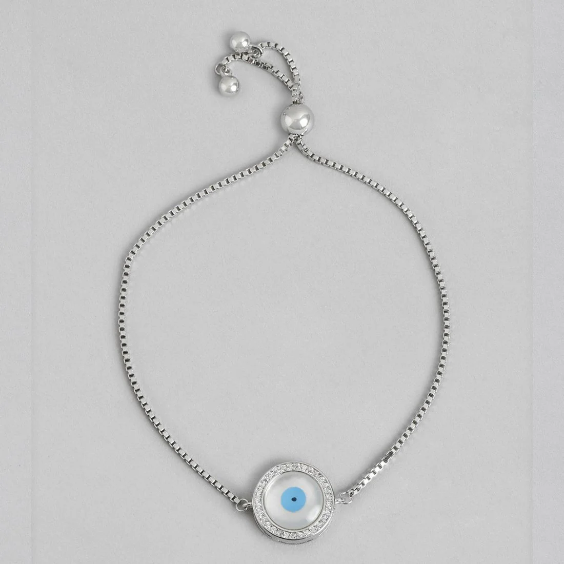 Round Evil Eye Rhodium Plated 925 Sterling Silver Box Chain Bracelet - Image 3