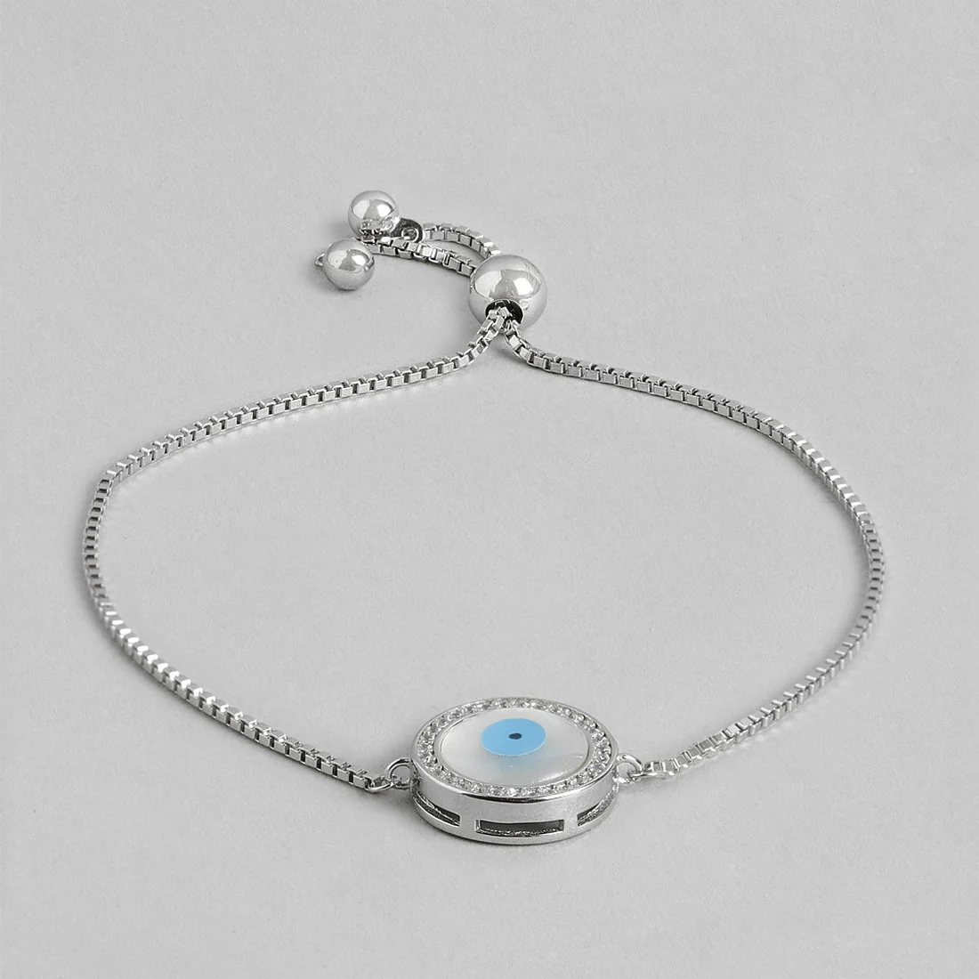 Round Evil Eye Rhodium Plated 925 Sterling Silver Box Chain Bracelet - Image 4