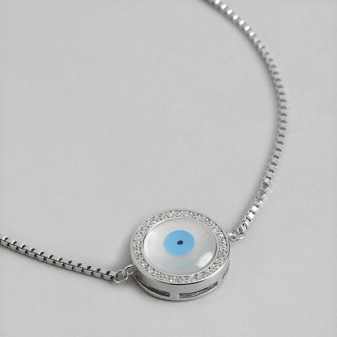 Round Evil Eye Rhodium Plated 925 Sterling Silver Box Chain Bracelet - Image 5