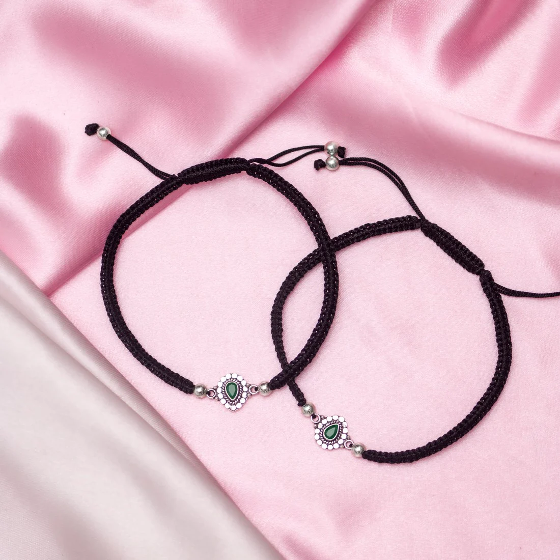 Round Green Stone Rhodium Plated 925 Sterling Silver Drawstring Anklet - Image 2