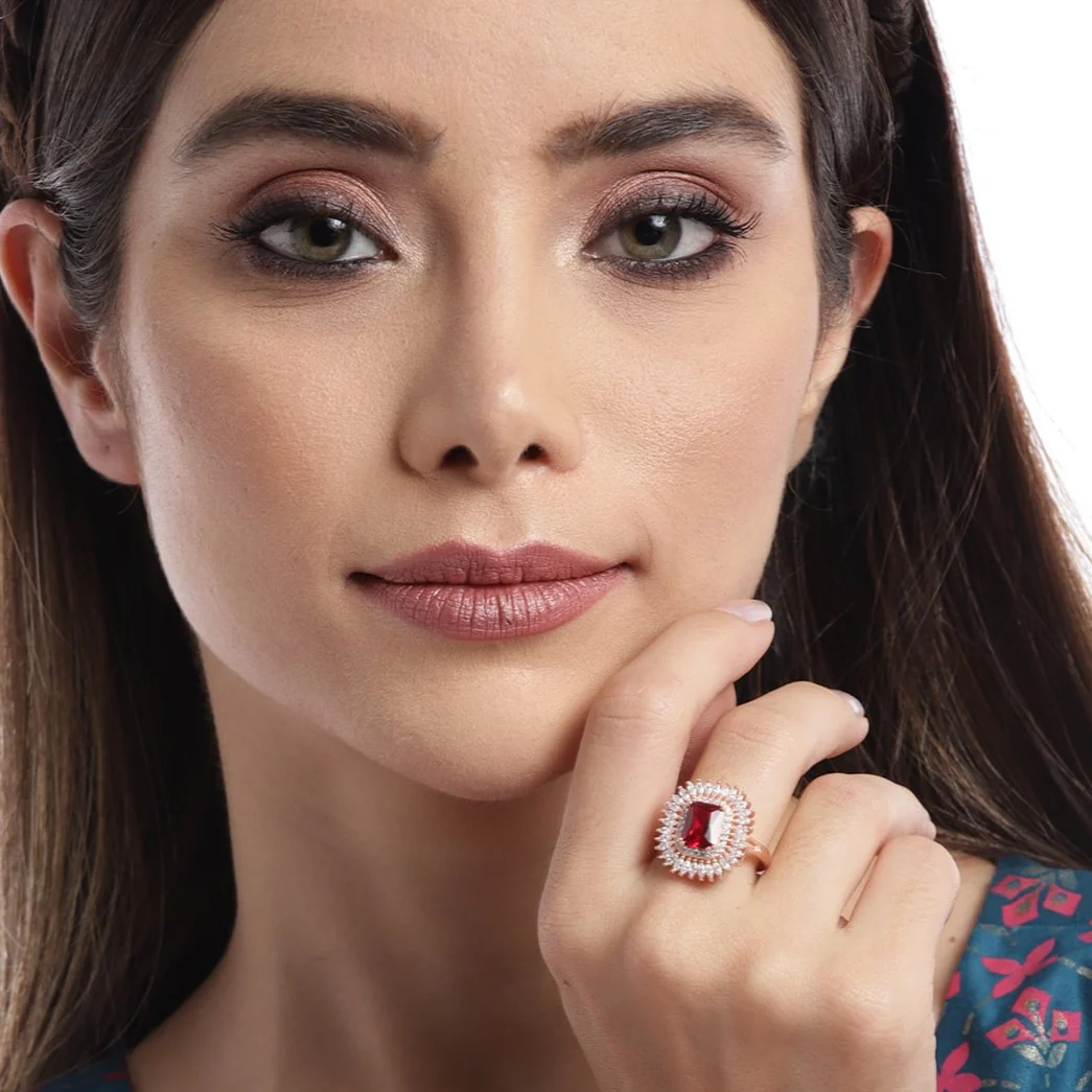 Ruby CZ Studded 925 Sterling Silver Ring In Rose Gold for Women (Adjustable) - Image 2