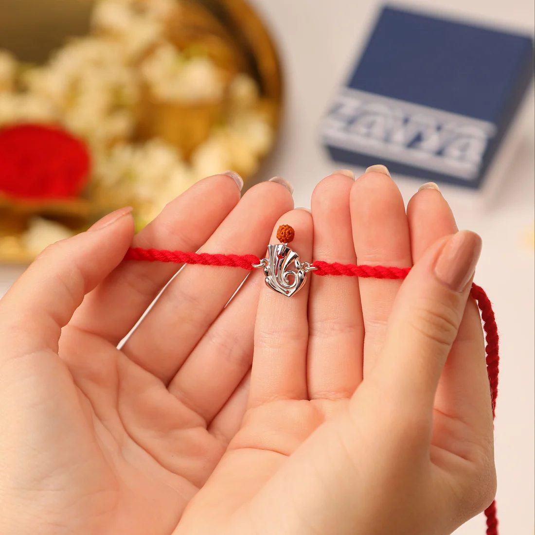 Sacred Ganesh Ji With Rudraksh Rhodium-Plated Sterling Silver Thread Rakhi - Image 3
