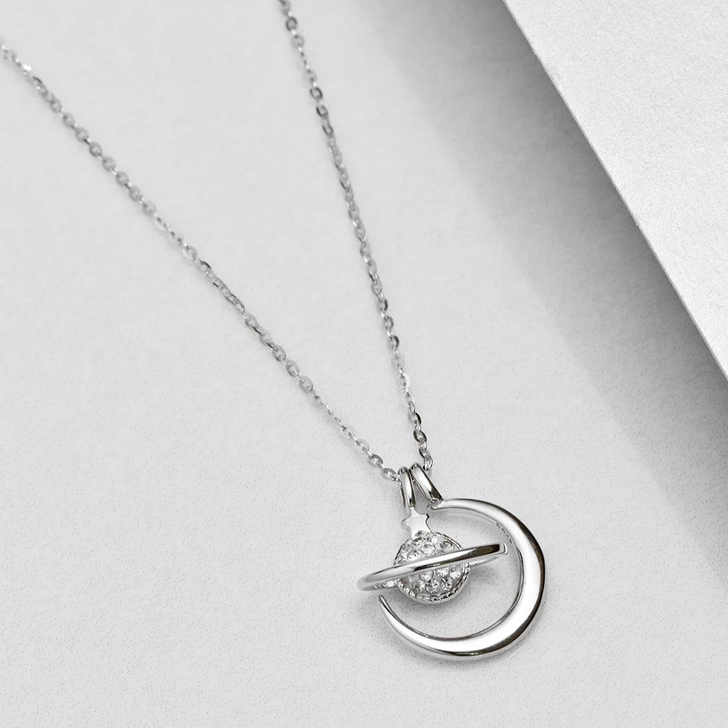 Saturn & Moon 925 Sterling Silver Rhodium Plated Necklace