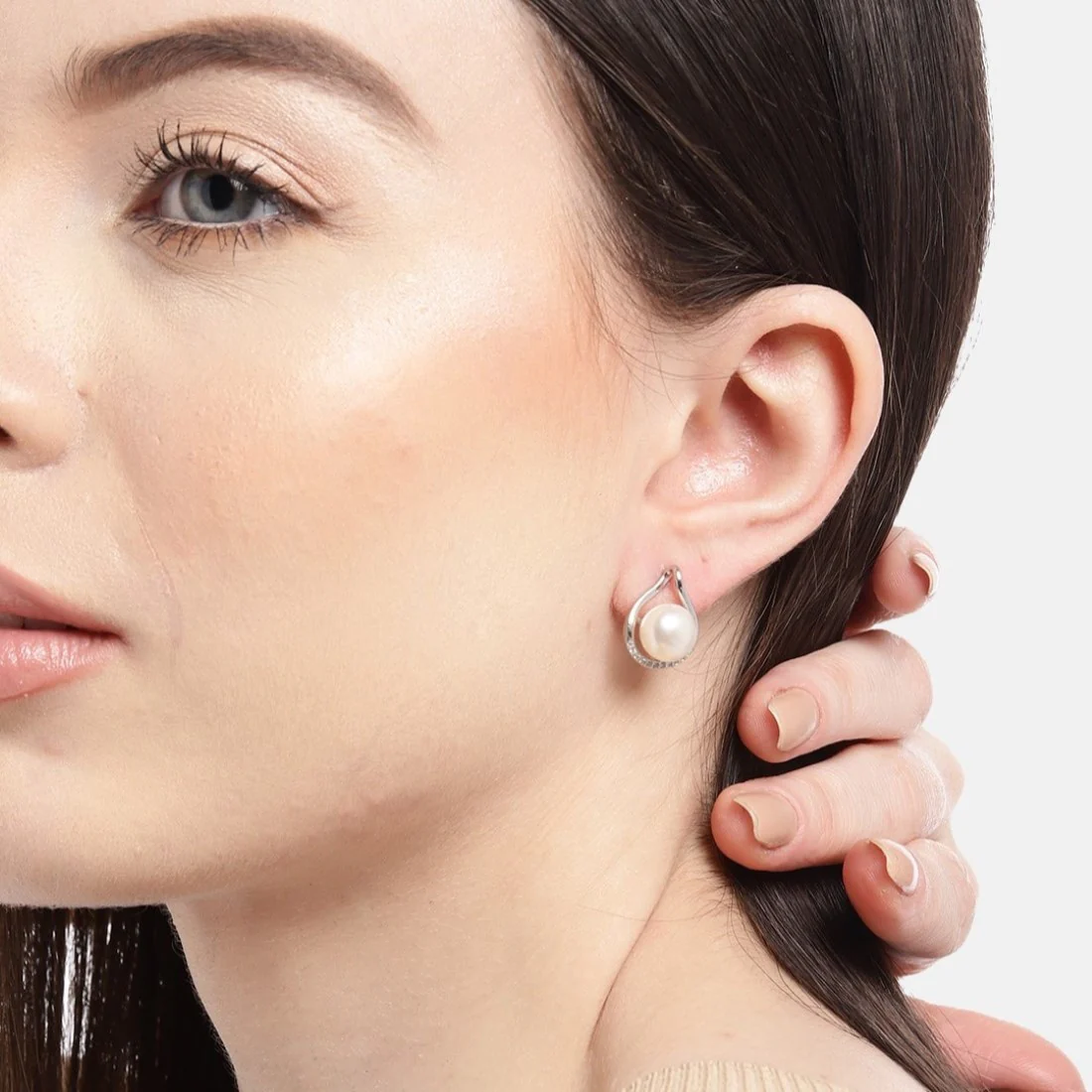 Simple Elegance Pearl Duo Rhodium-Plated 925 Sterling Silver Earrings - Image 2